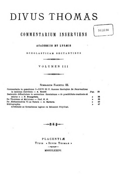 Divus Thomas commentarium academiis et lycaeis scholasticam sectantibus inserviens