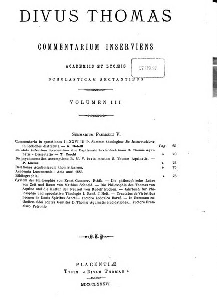 Divus Thomas commentarium academiis et lycaeis scholasticam sectantibus inserviens