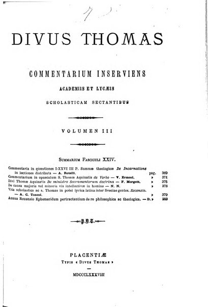 Divus Thomas commentarium academiis et lycaeis scholasticam sectantibus inserviens