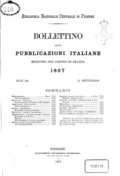 Bollettino delle pubblicazioni italiane ricevute per diritto di stampa