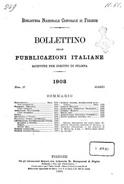 Bollettino delle pubblicazioni italiane ricevute per diritto di stampa