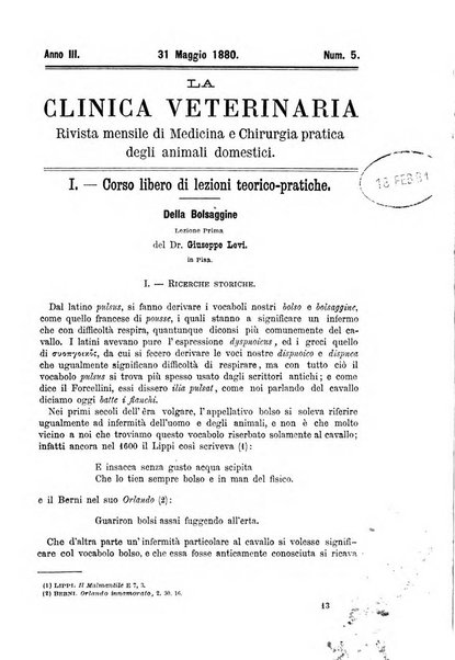 La clinica veterinaria rivista di medicina e chirurgia pratica degli animali domestici