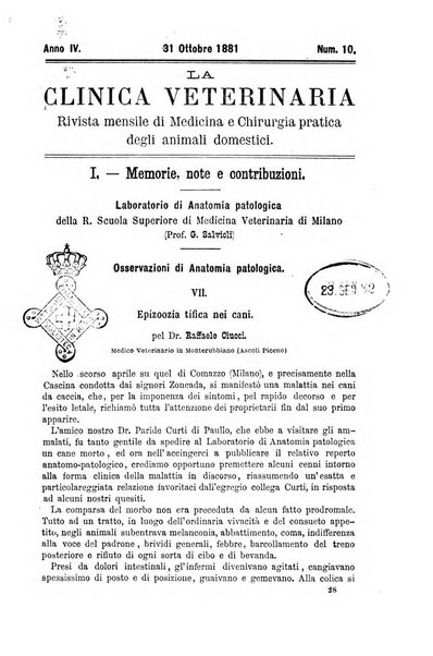 La clinica veterinaria rivista di medicina e chirurgia pratica degli animali domestici