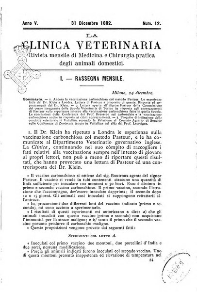 La clinica veterinaria rivista di medicina e chirurgia pratica degli animali domestici