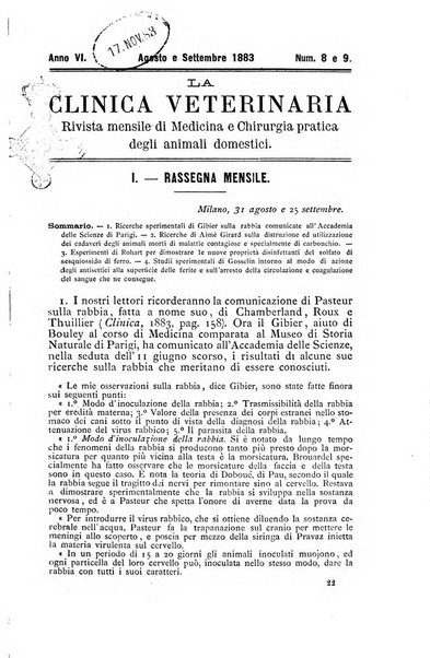 La clinica veterinaria rivista di medicina e chirurgia pratica degli animali domestici