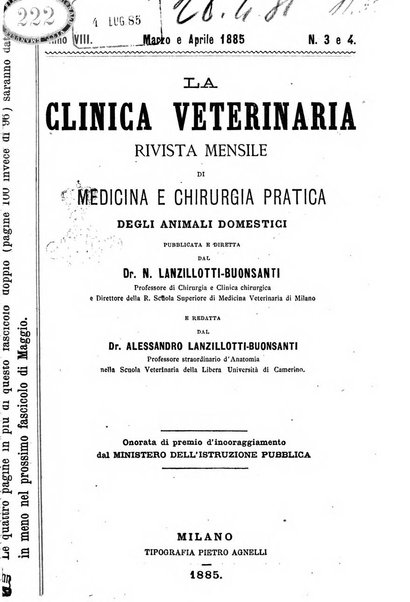 La clinica veterinaria rivista di medicina e chirurgia pratica degli animali domestici