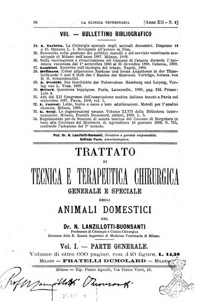 La clinica veterinaria rivista di medicina e chirurgia pratica degli animali domestici