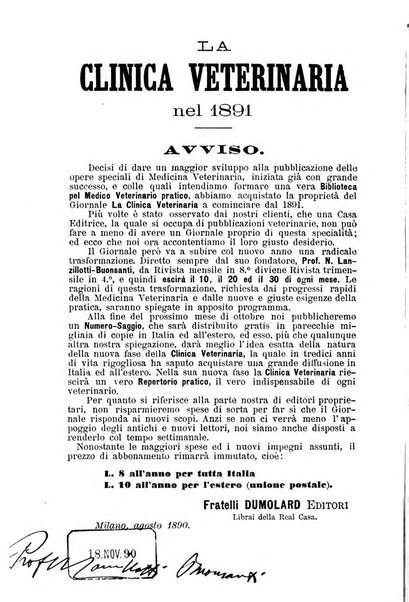 La clinica veterinaria rivista di medicina e chirurgia pratica degli animali domestici