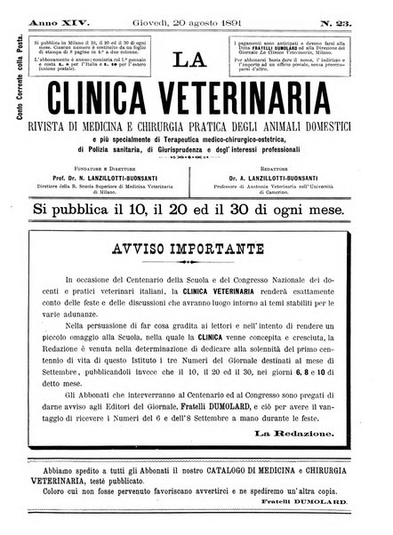 La clinica veterinaria rivista di medicina e chirurgia pratica degli animali domestici