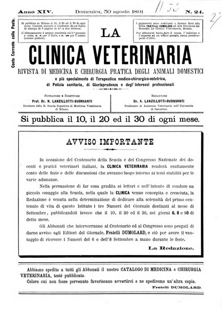 La clinica veterinaria rivista di medicina e chirurgia pratica degli animali domestici