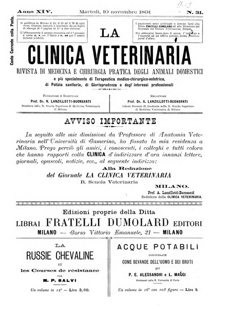 La clinica veterinaria rivista di medicina e chirurgia pratica degli animali domestici