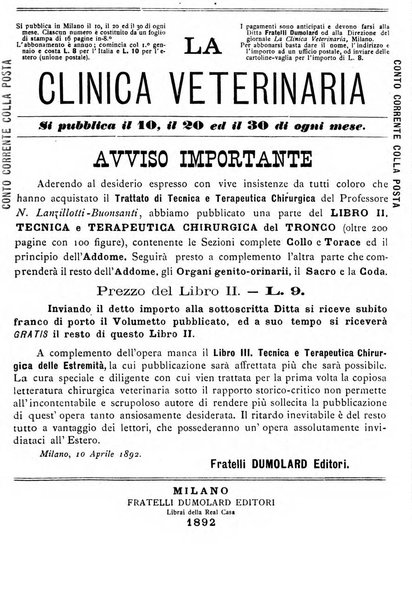 La clinica veterinaria rivista di medicina e chirurgia pratica degli animali domestici