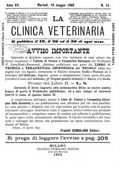 La clinica veterinaria rivista di medicina e chirurgia pratica degli animali domestici