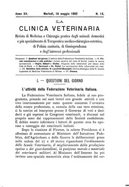 La clinica veterinaria rivista di medicina e chirurgia pratica degli animali domestici