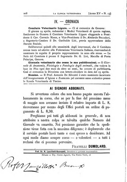 La clinica veterinaria rivista di medicina e chirurgia pratica degli animali domestici