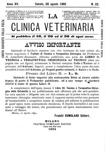 La clinica veterinaria rivista di medicina e chirurgia pratica degli animali domestici