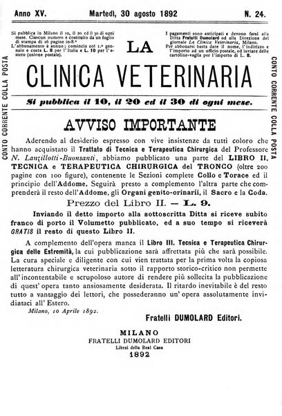 La clinica veterinaria rivista di medicina e chirurgia pratica degli animali domestici