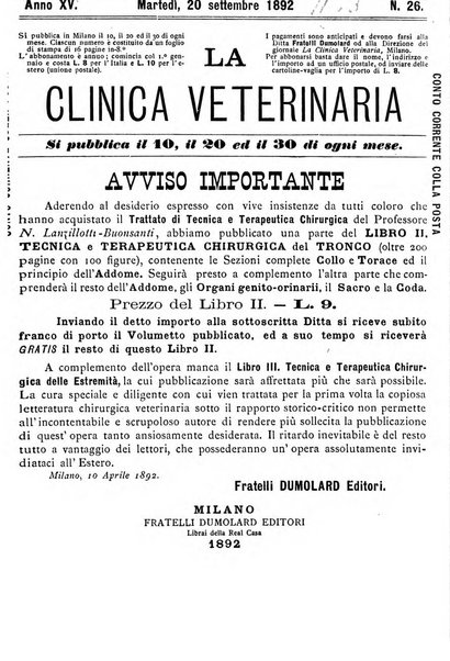 La clinica veterinaria rivista di medicina e chirurgia pratica degli animali domestici