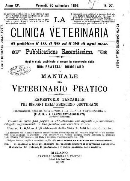 La clinica veterinaria rivista di medicina e chirurgia pratica degli animali domestici