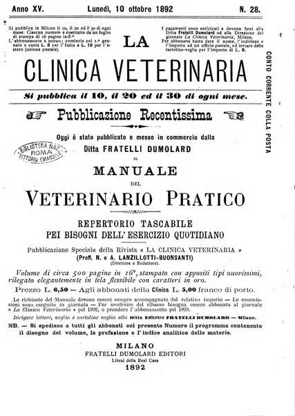 La clinica veterinaria rivista di medicina e chirurgia pratica degli animali domestici