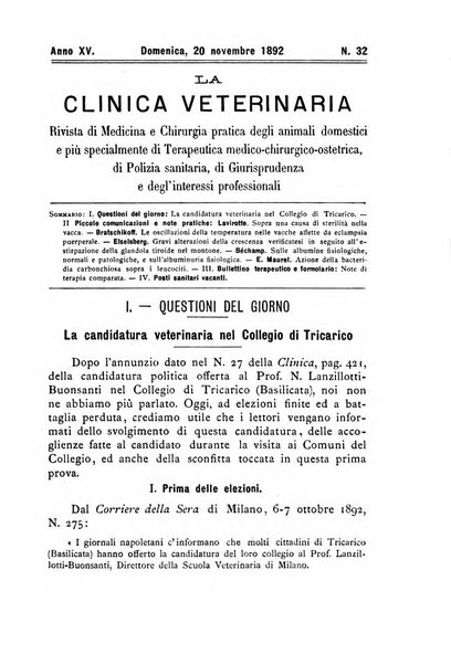 La clinica veterinaria rivista di medicina e chirurgia pratica degli animali domestici