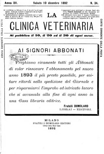 La clinica veterinaria rivista di medicina e chirurgia pratica degli animali domestici