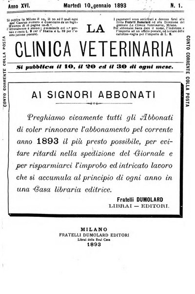 La clinica veterinaria rivista di medicina e chirurgia pratica degli animali domestici