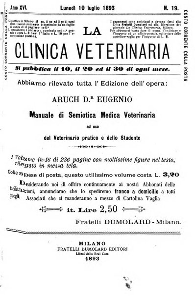 La clinica veterinaria rivista di medicina e chirurgia pratica degli animali domestici