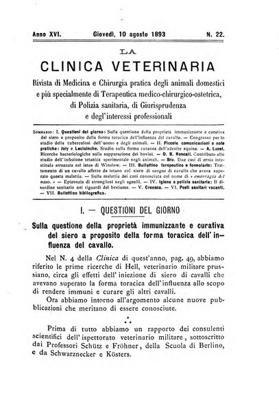 La clinica veterinaria rivista di medicina e chirurgia pratica degli animali domestici