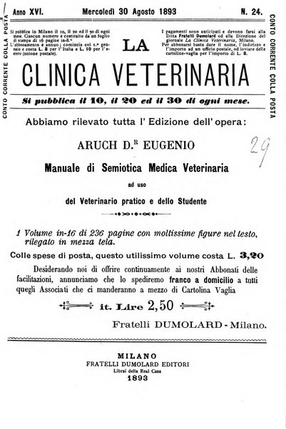 La clinica veterinaria rivista di medicina e chirurgia pratica degli animali domestici