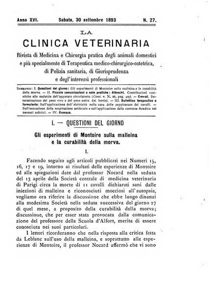 La clinica veterinaria rivista di medicina e chirurgia pratica degli animali domestici