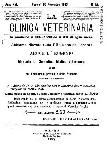 La clinica veterinaria rivista di medicina e chirurgia pratica degli animali domestici