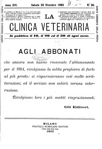 La clinica veterinaria rivista di medicina e chirurgia pratica degli animali domestici