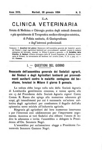 La clinica veterinaria rivista di medicina e chirurgia pratica degli animali domestici