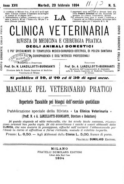 La clinica veterinaria rivista di medicina e chirurgia pratica degli animali domestici