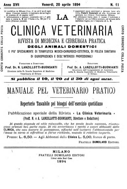 La clinica veterinaria rivista di medicina e chirurgia pratica degli animali domestici