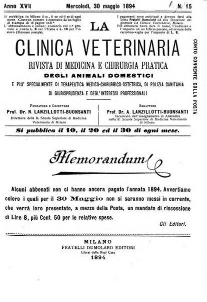 La clinica veterinaria rivista di medicina e chirurgia pratica degli animali domestici