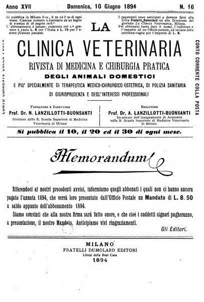 La clinica veterinaria rivista di medicina e chirurgia pratica degli animali domestici