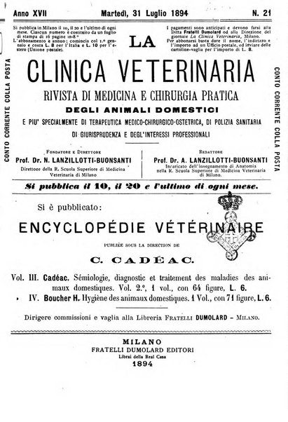 La clinica veterinaria rivista di medicina e chirurgia pratica degli animali domestici