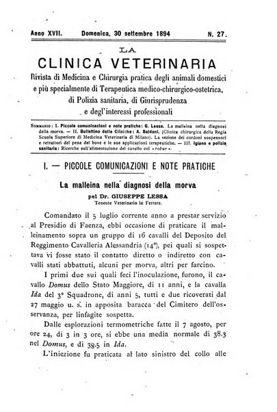 La clinica veterinaria rivista di medicina e chirurgia pratica degli animali domestici
