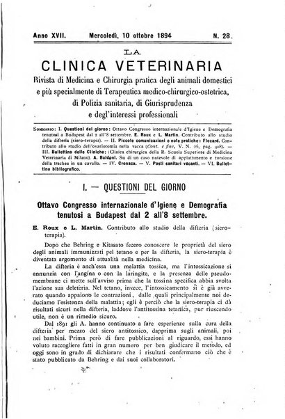 La clinica veterinaria rivista di medicina e chirurgia pratica degli animali domestici