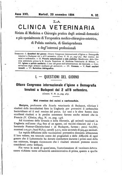 La clinica veterinaria rivista di medicina e chirurgia pratica degli animali domestici