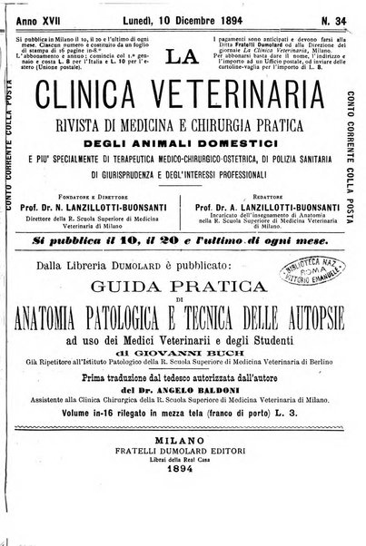 La clinica veterinaria rivista di medicina e chirurgia pratica degli animali domestici