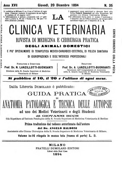 La clinica veterinaria rivista di medicina e chirurgia pratica degli animali domestici