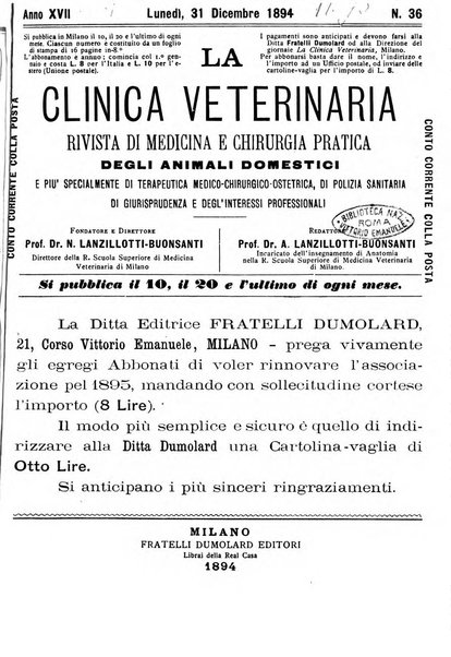 La clinica veterinaria rivista di medicina e chirurgia pratica degli animali domestici