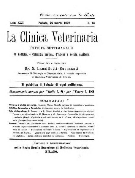 La clinica veterinaria rivista di medicina e chirurgia pratica degli animali domestici