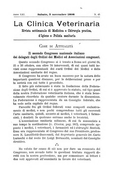 La clinica veterinaria rivista di medicina e chirurgia pratica degli animali domestici