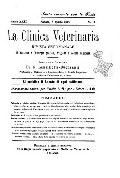 La clinica veterinaria rivista di medicina e chirurgia pratica degli animali domestici