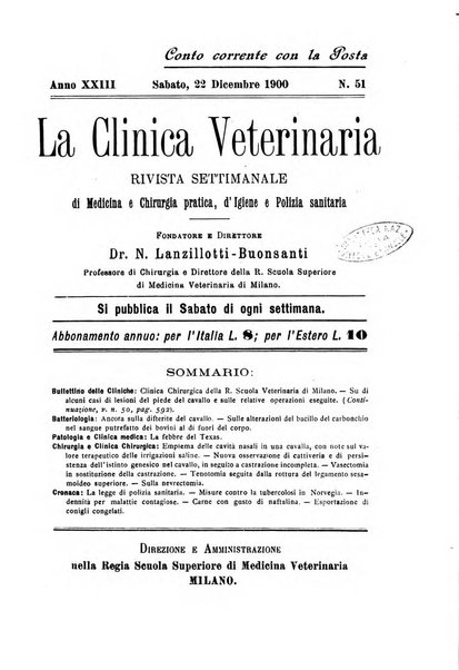 La clinica veterinaria rivista di medicina e chirurgia pratica degli animali domestici