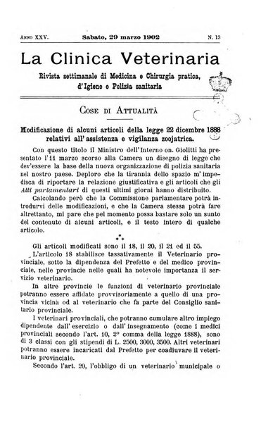 La clinica veterinaria rivista di medicina e chirurgia pratica degli animali domestici